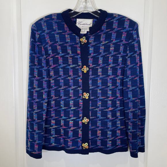 Vintage I. Magnin Castlebrook 80's Cardigan Knit Jacket Blue Geo Jewel Button 12 - Picture 1 of 7